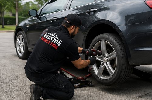 Mobile tire change on a car in Houston