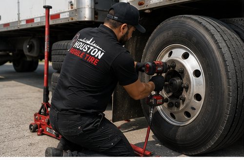 Houston Mobile Tire servicing a commercial semi truck tire on-site